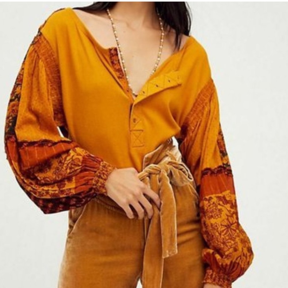 Free People Light Magic Henley Blouse Top Printed Smocked Mustard  Sz XS